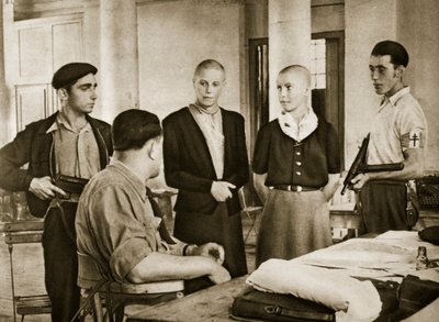 The Mayor of a small French town interrogates two women accused of sleeping with the enemy, 1944 by French Photographer